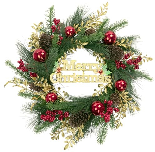 SHACOS Weihnachtskranz Türkranz Weihnachten Weihnachtstürkranz mit Kugeln Künstlich Winterkranz Dekokranz Weihnachten Kranz für Tür, Weihnachtsdeko, Kamin, Wand