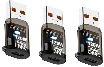 Adaptador USB-A a USB-C, entrega de energía de 120 W, transferencia de datos de 10 Gbps, paquete de 3, color negro