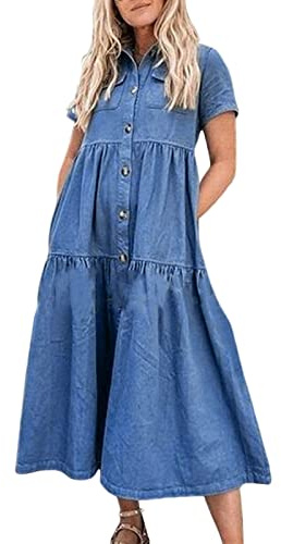 Vestido vaquero entallado para mujer, vestido de verano para mujer, largo vaquero, largo hasta la rodilla, vestido de verano con bolsillos, vestido envolvente, línea A, elegante, vestido informal de 1