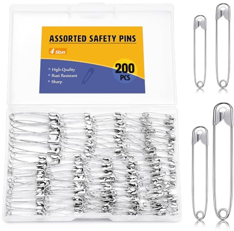ENCHOL 200 Pcs Safety Pins, 4 Sizes Small Medium Large Safety Pins for Clothes, Safety Pin Heavy Duty for Arts, Crafts, DIY Jewellery and Sewing
