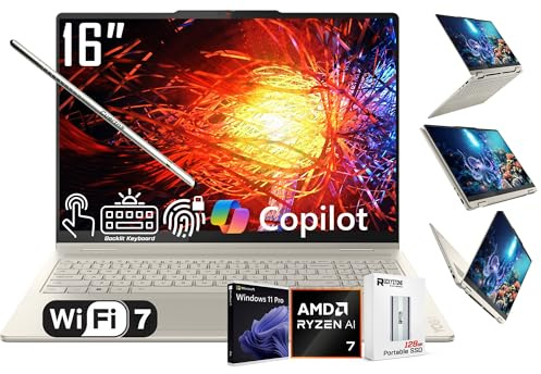 Lenovo Yoga 7 2 en 1 AI PC Copilot+ Laptop, pantalla táctil LCD 2K de 40.6 cm, AMD 8-Core Ryzen AI 7 350, 16GB LPDDR5X, 2TB SSD, WiFi 7, retroiluminado KB, huella dactilar, cámara web 1080P, W/128 PSD