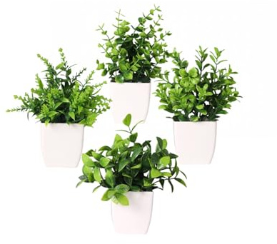 CSGHMM 4 PCS Mini Artificial Plants with Pot,Artificial Plants Indoor Decorative,Small Fake Simulation Plants Faux Plastic Potted Plants for Home Bathroom Office Desk Decor(White)