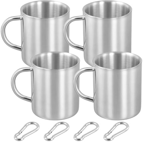 CHUENKK 4 stycken campingmuggar, 300 ml silver rostfritt stål mugg med handtag, 7,5 x 9 cm campingmugg med karbinhake för utomhusbruk