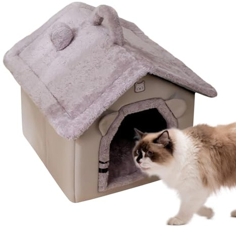 Maisons Et Dômes - 40 Cm Tente Lit Chaud pour Chat Et Petit Chien, Grotte Douillette en Velours, Portable & Isolante | Niche Hiver pour Chaton, Intérieur/Extérieur – Coussin Confort, Gris