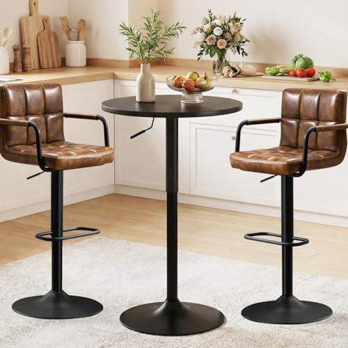 Ckaff Table de Bar Ronde, Table de Bistrot, Cuisine Mange-Debout avec Plateau Pivotante à 360°et Hauteur Réglable, Table de Petit-Déjeuner pour Bistro Salon Salle à Manger Terrasse, Noir