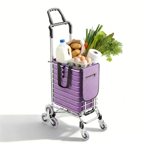 Futchoy Foldable Shopping Trolley on Wheels, 40kg Max Load Stair Climbing Cart, 35L Removable Bag for Grocery, Market, Picnics, Lightweight Shopping Cart, Purple