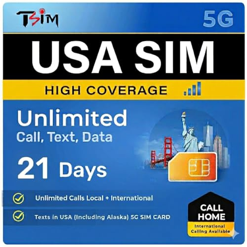 TSIM USA SIM Card 21 Days with Call Home | High Coverage | Unlimited Data on AT&T Network | Unlimited Local + International Call/Texts in USA (including Alaska) 5G SIM Card!