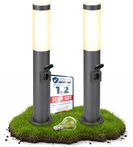 linovum BOSEA-S Pollerleuchte 2er Set anthrazit 50cm E27 mit Steckdose IP44 | Zwei Standleuchten 50cm mit Schuko-Steckdose - Licht & Strom für Rasenmäher & Grill, bis 3600W, anthrazit, IP44, inkl. LED