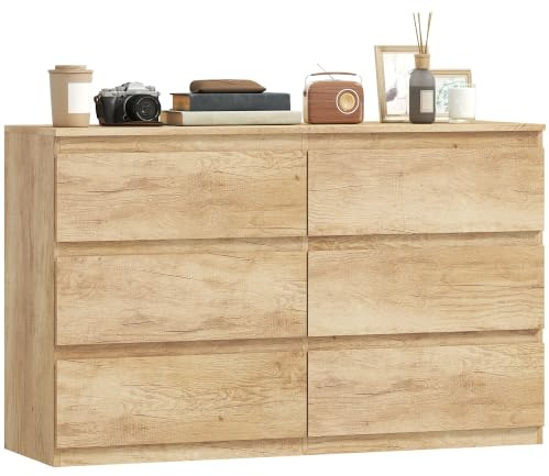 HOMCOM Commode 6 tiroirs Étroite sans Poignées 120 x 39 x 75 cm Chêne
