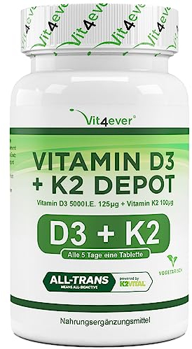 Vitamin D3 + K2 Depot - 365 Tabletten - Premium Rohstoff: 99,7+% All-Trans (K2VITAL® von Kappa) - Mit 5000 I.E. Vitamin D3 pro Tablette - Laborgeprüft - Hochdosiert