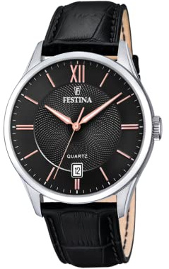 Festina Herren Uhr Analog mit Lederarmband - Quarzwerk - Kalender - Mineralglas mit hoher Widerstandsfähigkeit - Wasserdicht bis 5 ATM - Elegant und Klassisch F20426