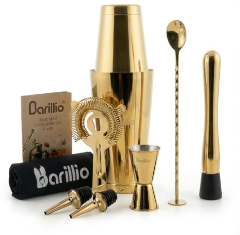 Juego de coctelera Gold Boston Shaker | Kit de barman profesional con mezclador Martini ponderado, colador Hawthorne, jigger, mojito Muddler, cuchara de mezcla y 2 vertedores de licor..