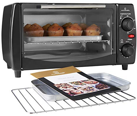 MisterChef 10 Litre Electric Portable Table Top Mini Oven, Temperatures up to 250°C, 30 minute Timer Auto Shut Off, 800W, Black - Free 2 Year Warranty, Free Recipe Booklet