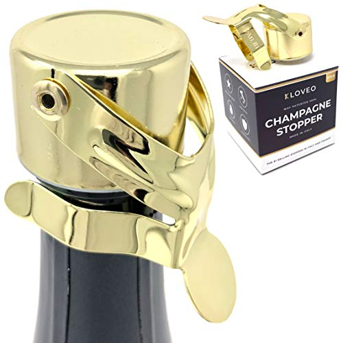 Champagne Stoppers by Kloveo - Patented Seal - Made in Italy - Professional Grade WAF Champagne Bottle Stopper - Prosecco, Cava, and Sparkling Wine Stopper - Gold