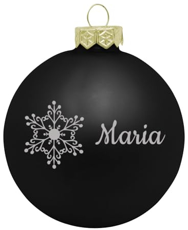 Deitert Weihnachtskugel mit Wunschtext Gravur, Ø 8cm, personalisierte Christbaumkugel aus Glas (matt), Individueller Weihnachtsbaumschmuck Namen oder Spruch, Schneeflocken-Motiv schwarz