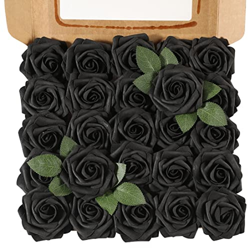 Ancokig 25 Piezas Flores Rosas Artificiales Espuma Rosa Falsa con Tallos para Boda Nupcial Ramos Centros de Mesa Preparativos Partido Hogar Decoración (Negro)