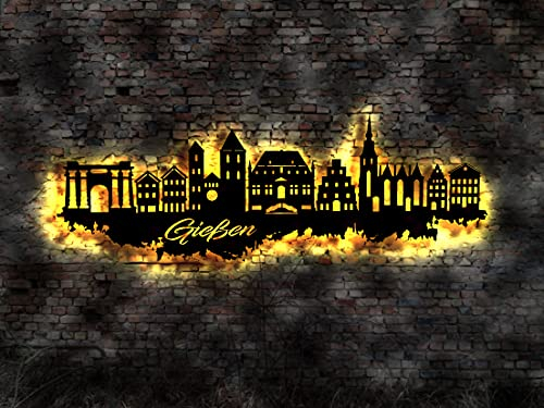 Skyline Gießen LED Wandbild aus Holz Stadt AK Karte Map Stadtplan Wandsticker Leuchtbild Neonreklame Neon sign