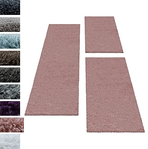 Set di tappeti shaggy tappeto Shaggy per camera da letto 3 parti Pelo morbido, colore:Rose, set letto:2 pezzi 80x150 + 1 pz 80x250