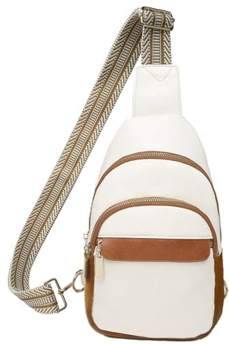Vpoofree Mujer Bolsa de Pecho,Mochila Bandolera Mujeres,Impermeable Sling Bag Chest Bag Pequeña Bolso Bandolera Ligero para Ciclismo Correr Senderismo Viajes (Blanco Con Marrón Bolso Bandolera Mujer)