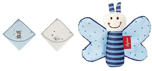 Sterntaler Baby Handtuch Kapuze - Kapuzenhandtuch EMMI - Badeponcho- 100% Baumwolle & SIGIKID 41180 Greifling Schmetterling Red Stars Mädchen und Jungen Babyspielzeug empfohlen ab Geburt blau