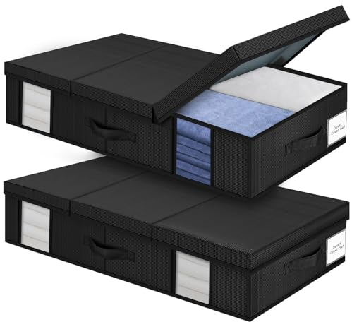 Eurhomewit Rangement Sous Lit, Boite Rangement Sous Lit Pliable, 2 Paquets Tiroir Sous Lit avec un Couvercle, Boite de Rangement Sous Lit avec Fenêtres et 3 Poignées, Rangement Lit-Carbone noir