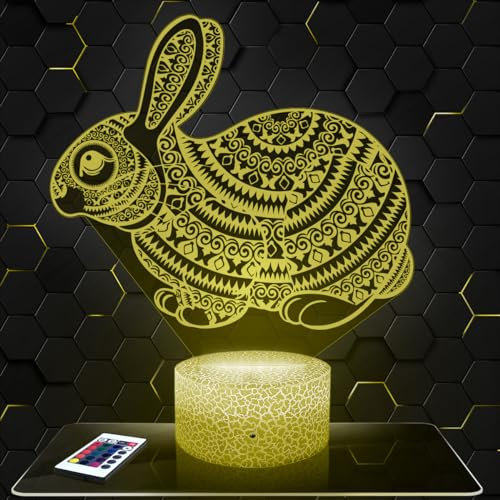 Lampephoto.fr - Hase Mandala 3D Lampe, Touch Nachtlicht, Deko TieR. Geschenkidee Mann Frau objekt Hase Mandala Nachtlicht Erwachsene deko Zimmer, 3D Led Illusion