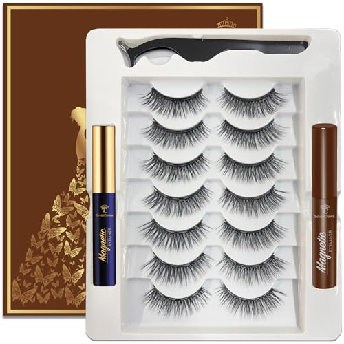 7C SevenCrown Magnetic Eyelashes with Applicator, 7 Pairs Cat Eye Magnetic Lashes Natural Looking with Eyeliner. Reusable,Upgraded Long Lasting,Lightweight,Easy, Cruelty Free (1black+1brown)