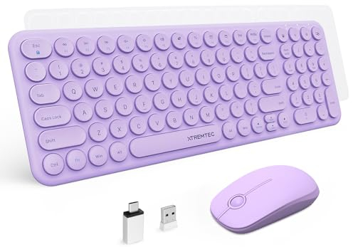 XTREMTEC Kabellose Tastatur-Maus-Set, Retro runde Schreibmaschine Tastatur, Slim Funktastatur mit Maus, USB 2.4GHz Verbindung, kompakte Tastatur für Laptop,(lila)-Deutsche Tastatur