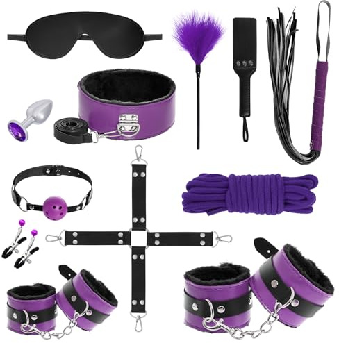 Rbenxia 12 PCS Sex Bondage BDSM Restraints Kits Fetish Handcuffs Ankle Cuff Collar Blindfold Whip Rope Nipple Clamps Paddle Anal Toys Ball Gag Adult Games Foreplay Sexy Toys Couples (Purple & Black)