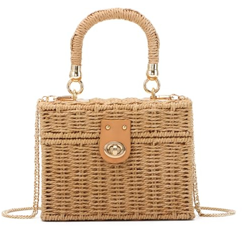 KUANG! Handwoven Rattan Bag for Women Woven Straw Square Crossbody Bag Vintage Basket Purse Beach Tote Bag