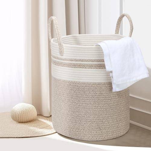 HDRNT Corbeille à linge en coton, 45 l, avec poignée, tressée, pour le linge, pour la chambre d'enfant, la salle de bain (35 cm x 40 cm) (beige+blanc)