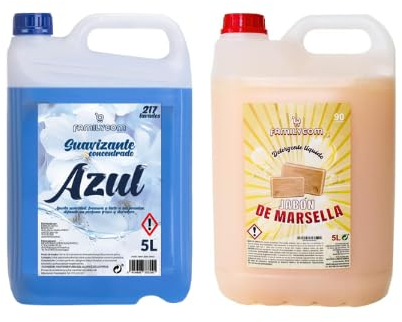 Familycom Pack 2 Detergente Liquido Para Lavadora Profesional Marsella, Colores, Tradicional, 5 Litros (2 Unidades de 5L) 10 Litros (Suavizante Azul y Marsella)