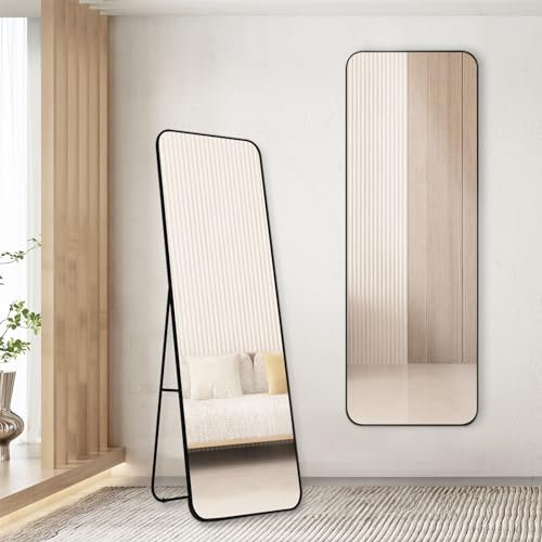 MEESALISA Standspiegel 160 x 40 cm, Runden Ecken Ganzkörperspiegel mit Ständer, Fußboden & Wand Hänger Großer Spiegel mit schwarz Metallrahmen Dekorative Wandspiegel für Schlafzimmer, Wohnzimmer