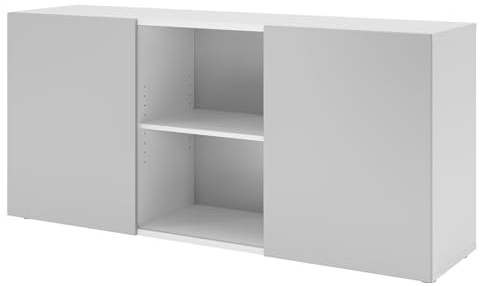 bümö Schwebetürenschrank, Sideboard Weiß/Grau - Büromöbel Sideboard Holz 160cm breit, 42cm schmal, Büro Schrank mit Schwebetür für Flur oder als Wohnzimmer-Kommode