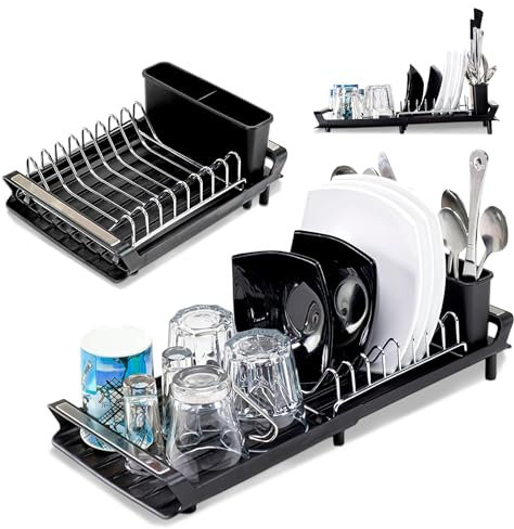 JUPPLIES Escurreplatos Extensible 28–47x20cm – Escurridor de Platos con Bandeja de Drenaje, Soporte de Cubiertos y Vasos – Escurre Platos Antideslizante, Acero Inoxidable y Plastico (Negro)
