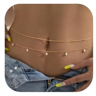 Moguri Lot de 2 chaînes de ventre à double couche en or 14 carats avec design perlé, taille réglable de 86 à 86 cm, parfait pour la plage, les fêtes et la vie quotidienne, élégante et polyvalente,