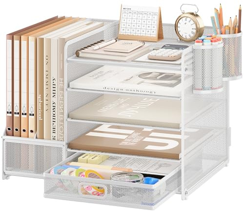 VITVITI Desk Organiser with File Holder, 5 Tier Desk Tidy Organiser with 2 Pen Holders, 2 Paper Tray Storage and Drawer for Magazine, Home, School, Office Stationary Accessories - White