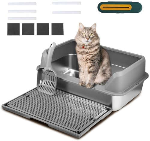Bandeja de Arena XXL para Gatos con Pedal Inclinado, Arenero de Acero Inoxidable, Estante de Cuchara Grande, Diseño a Prueba de Fugas y Alfombra de Doble Capa