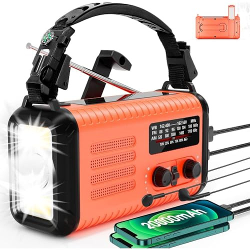 Emergency Weather Radio, Portable Solar Hand Crank AM/FM/NOAA Radio, 20000mAh Large Capacity Battery Operated Radio, USB C Charger, 3 Modes Flashlight, Reading Light, Emergency Kit for Home