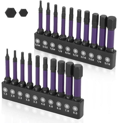 Impact Hex Head Allen Wrench Drill Bit Set - 20Pcs S2 Alloy Steel Bits Set, 1/4” Hex Shank with Magnetism, Phosphating Treatment H2-H12 for Assembling Furniture, 50mm Long with Storage Box (Purple)