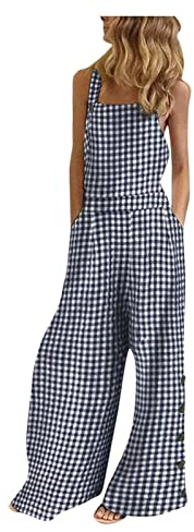 RLEHJN Cotton Linen Dungarees Women UK, Ladies Casual Overalls Plaid Printed Long Jumpsuit Playsuit Onesie Casual Loose Sleeveless Romper Workwear Summer Checked Overall with Pockets S-3XL