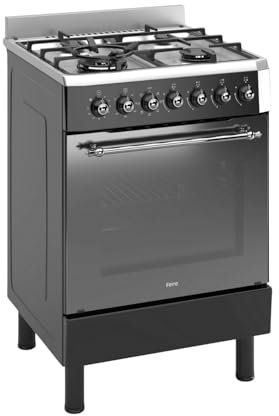 Ferre F6IP40E7-IBL-RETRO 60cm Cooker, Freestanding Dual Fuel Cooker, With Wok Burner, Turbo Fan, Shiny Stainless Steel & Black, NG/LPG Convertible