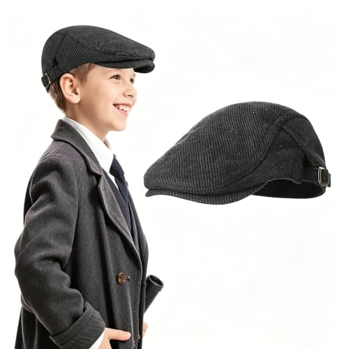 AffeGifts Casquette Plate pour Enfant, Chapeau pour Le Jour de la Victoire Style Victorien Chapeau Gavroche Vintage en Tweed pour Costume d'évacué 1940 Spectacle (FR/ES, Âge, 6 Ans, 9 Ans, Noir)
