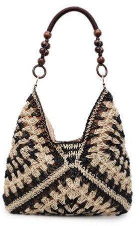 JIABAOZ Strohtasche Damen Geflochtene Tasche, Sommer Korbtaschen Damen Mittelgroß Basttasche Boho Stroh Woven Bag Flechttasche Für Strand Reisen Urlaub (Schwarz)