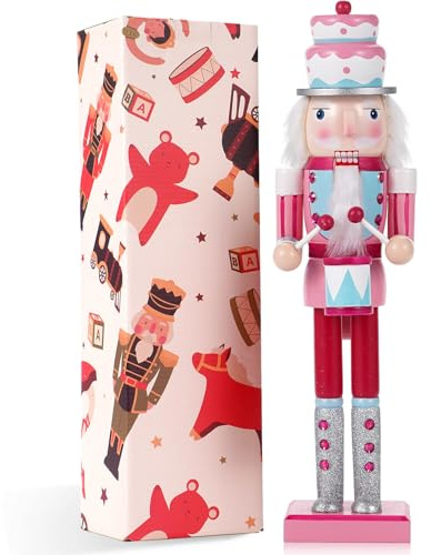 VorFor Kuchenkopf Trommel Nussknacker Figur,38CM Makron-Farbe Nussknacker Weihnachten Dekoration,Massivholz Handwerk Deko Weihnachtsausstattung,Nußknacker Figur Heimkamin Weihnachtsdekorationen.