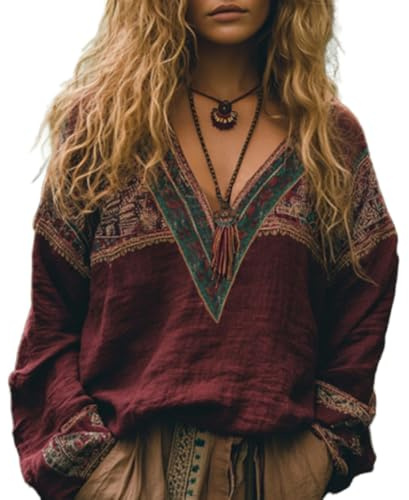 Fronage Cotton Linen Tops for Women UK Floral Mexican Embroidered V Neck Tops Boho Long Sleeve Casual Peasant Blouse