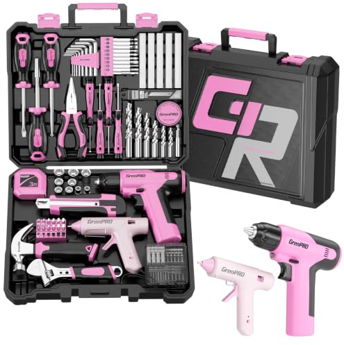 GRENPRO Pink Tool Set Drill Set, 188PCS Tool Kit For Home with Pink Cordless Drill Power, Hand Tool Kit for Women, Basic Household Auto Car Repair Tool Box for Men, Portable Storage Box Tools Sets