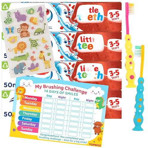 Children’s Oral Care Set - 4 x Little Teeth Toothpaste 3-5 Years (50ml), 2 Children’s Toothbrushes, 1 Brushing Record Chart and Stickers for Daily Oral Hygiene (Packaging May Vary)