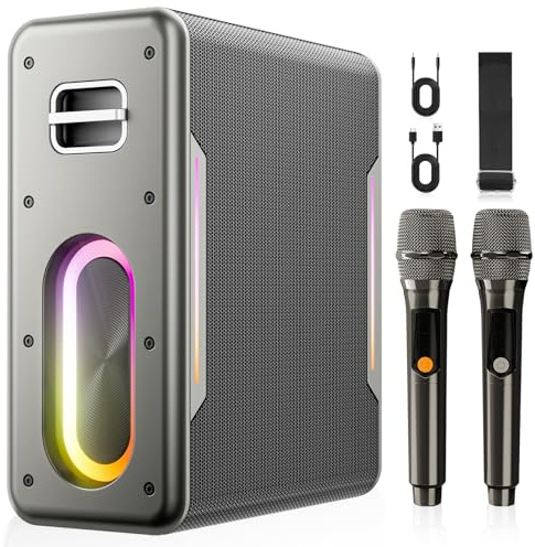 Zeelink Máquina de karaoke con dos micrófonos inalámbricos, potente altavoz Bluetooth portátil para adultos y niños, sistema PA con 2 modos de voz, luces LED, soporta BT/TWS/AUX/USB/TF para fiestas