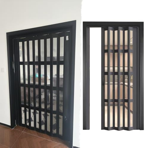 Puertas plegables de acordeón de PVC personalizables con ventana para baño y cocina, ahorro de espacio, puerta corredera, protección de privacidad, color negro, 203,2 x 203 cm